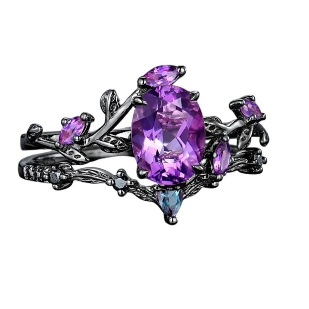 Oval Shape Amethyst Black Engagement Wedding Ring Set In Rhodium black plating